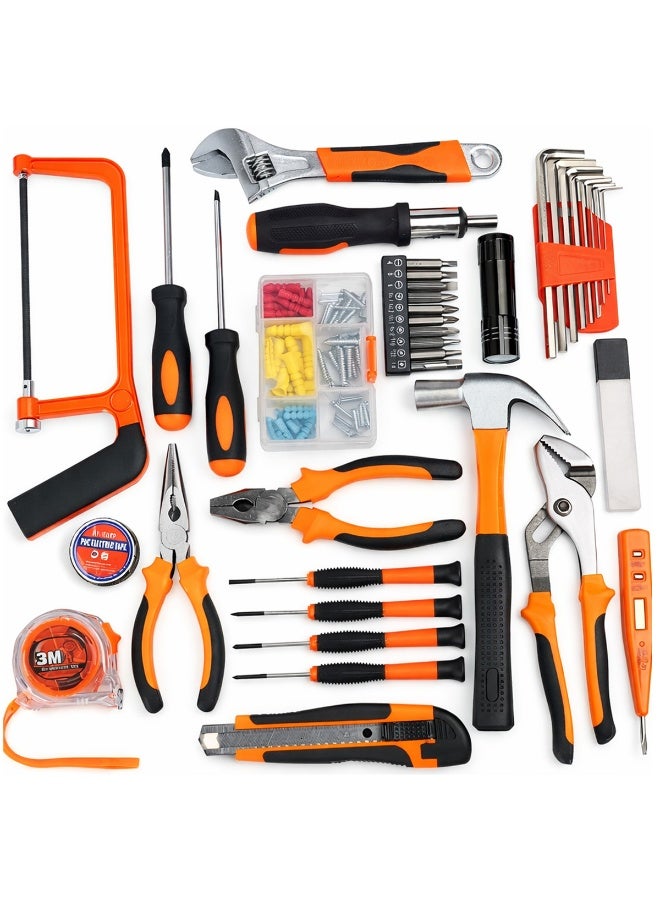 ديفاونز مجموعة أدوات يدوية احترافية شديدة التحمل مكونة من 100 قطعة مع صندوق أدوات، تتضمن منشار يدوي صغير، مجموعة مفكات براغي، كماشة طويلة، مفتاح ربط قابل للتعديل، مفاتيح ألن، شريط قياس، جهاز اختبار الجهد الكهربائي، مناسبة للاستخدام في السيارات والمنزل وأعمال الصيانة والإصلاح وورشة العمل. - Image 2